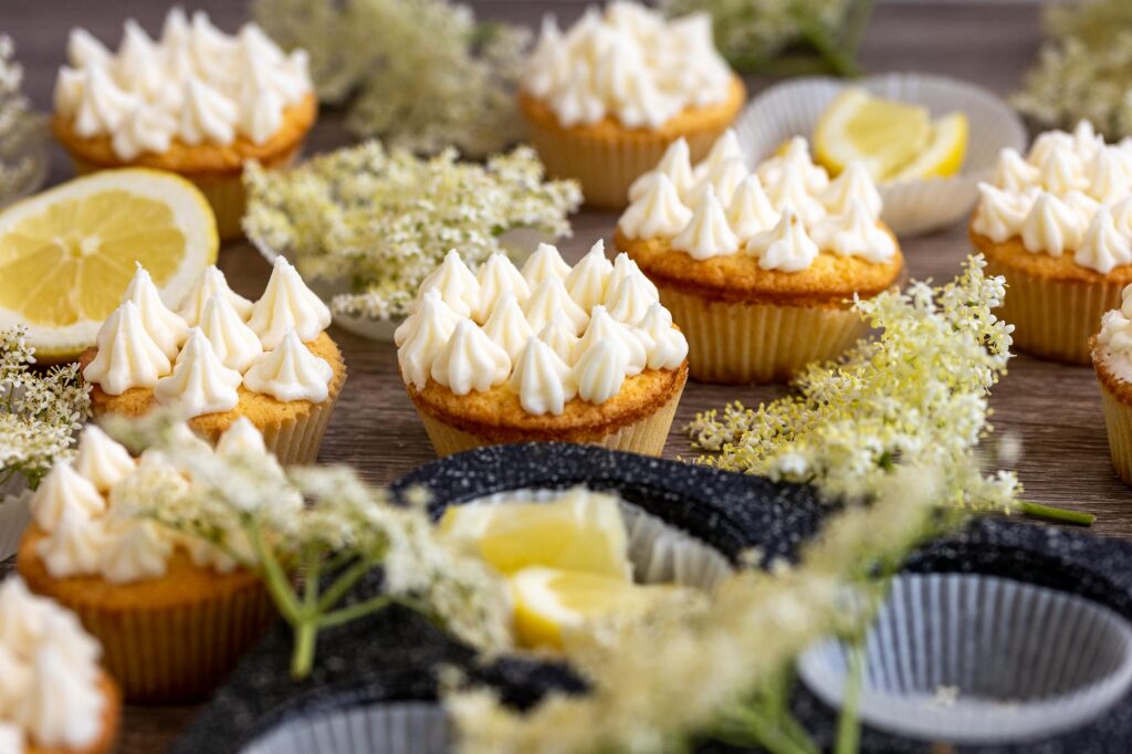 Elderflower and Lemon Cupcakes topped with buttercream frosting